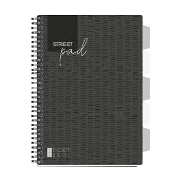 Spirálfüzet regiszteres  STREET A4 S.PAD BLACK perforált,100lap,duplaspirál vonalas