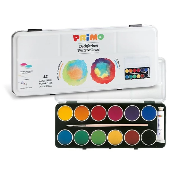 Vízfesték PRIMO 133A12MGM 12x Ø 30 mm (nagygombos) + ecset + fehér tempera