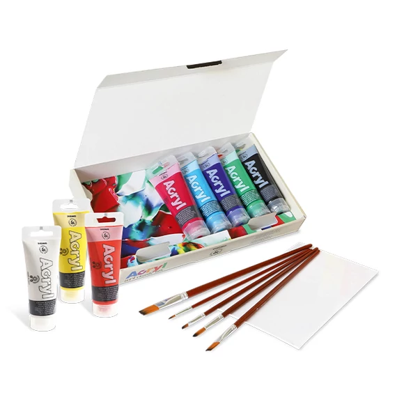 Akrilfesték PRIMO HOBBY & PROFESSIONAL 4201BOX3 8x75ml+ 1db festővászon 18x24cm+5db ecset készletben