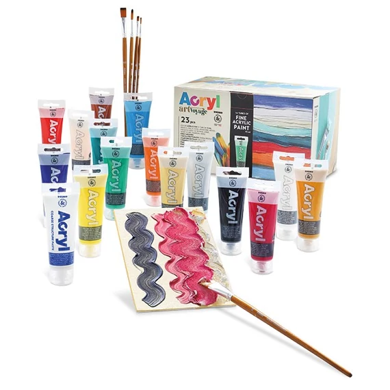 Akrilfesték PRIMO HOBBY & PROFESSIONAL 420BOX1 16x75ml+ 2db festővászon 18x24cm+5db ecset készletben