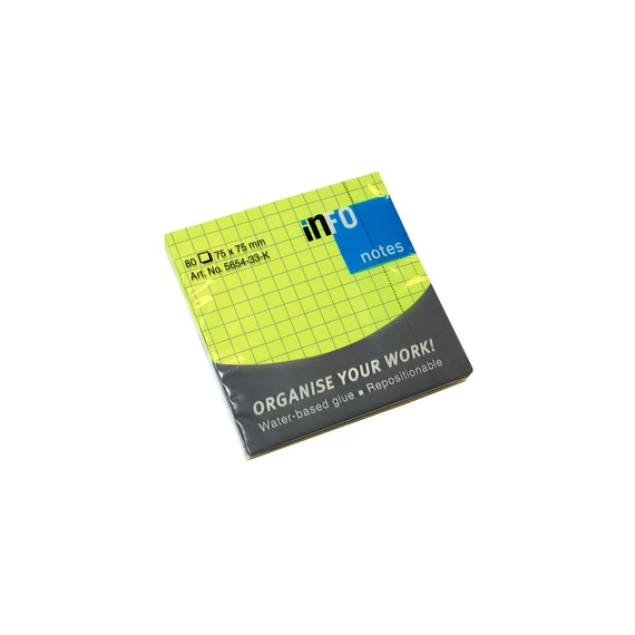 Jegyzettömb InfoNotes öntapadós 75x75 mm NEON KOCKÁS 80 lap neon zöld
