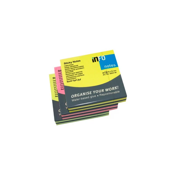 Jegyzettömb InfoNotes öntapadós, 75x75 mm, 6x80 lap, BRILLIANT MIX (sárga, zöld, pink)